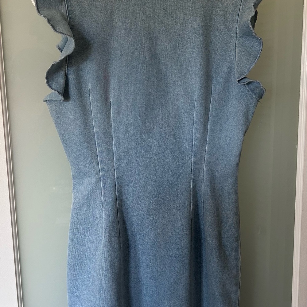 Light Blue Denim Ruffle Sleeve Open Back Mini Dress